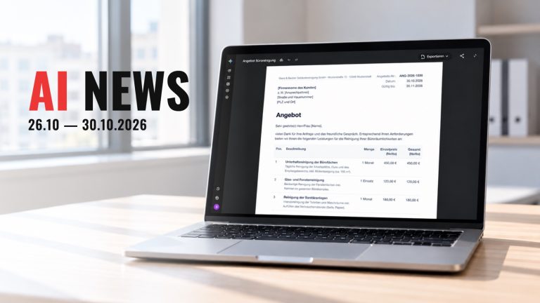 Laptop auf einem hellen Schreibtisch, auf dem Bildschirm bearbeitet Gemini ein Angebot, links der Schriftzug AI NEWS 26.10 – 30.10.2026