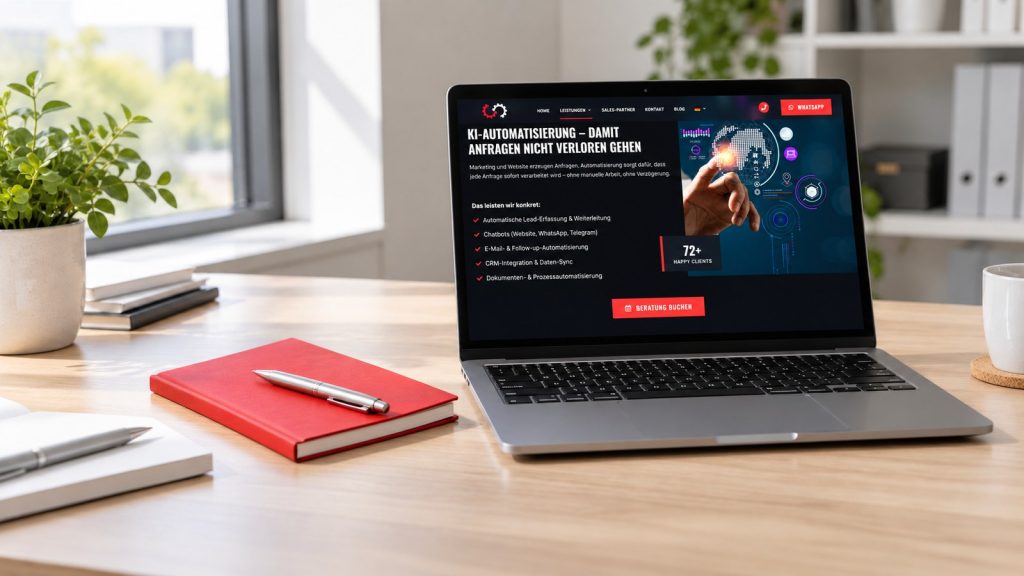 Laptop auf einem hellen Schreibtisch mit der Seite KI-Automatisierung von kazarnovskis.de, daneben ein rotes Notizbuch mit Stift